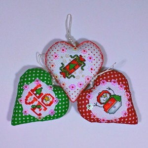 set of three christmas tree heart ornaments