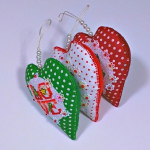 set of three christmas tree heart ornaments side